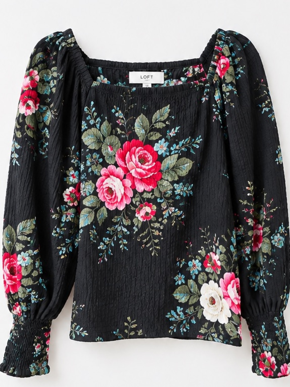 LOFT Black Floral Smocked Square Neck Blouse